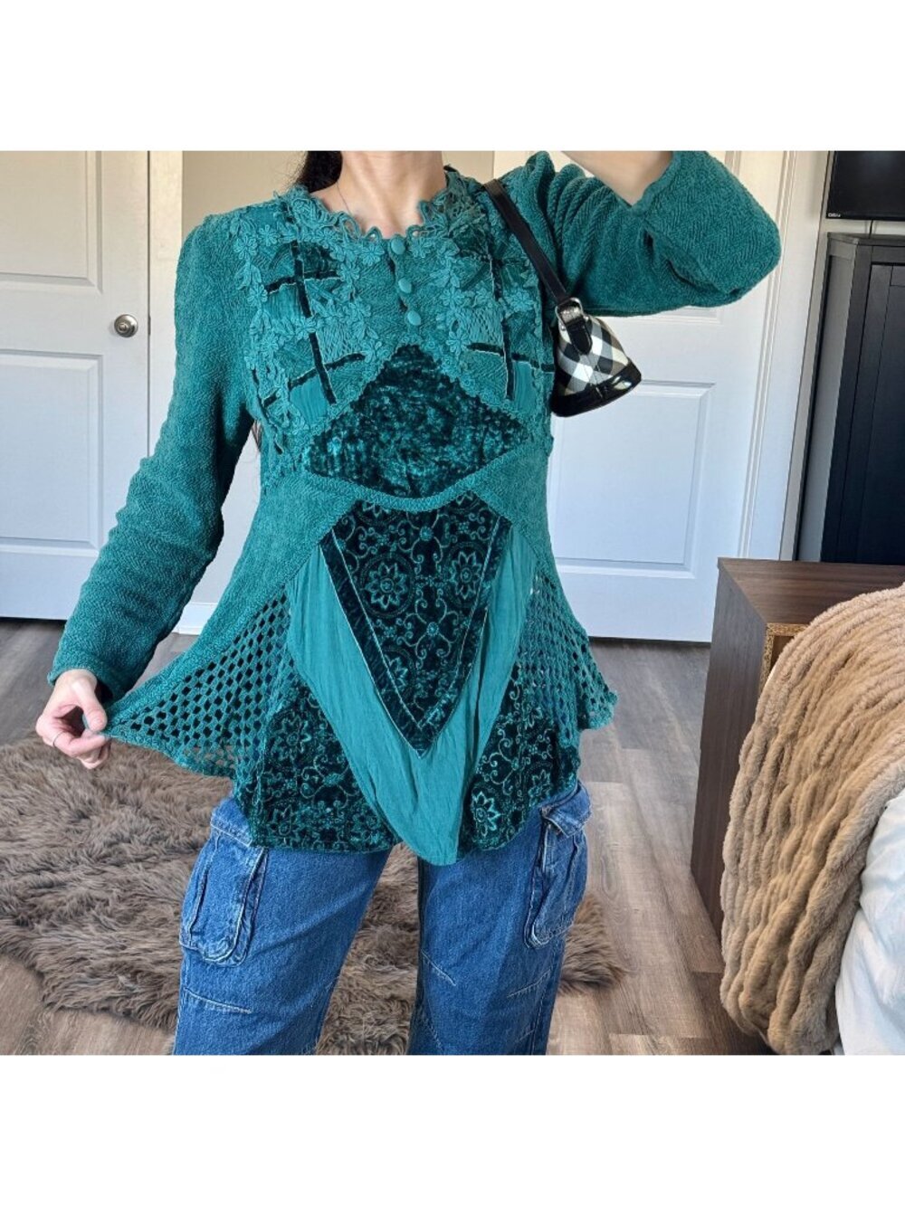 Y2K Green Patchwork Velvet Floral Boho Fairy Grunge Tunic Top Indie Vtg Whimsy